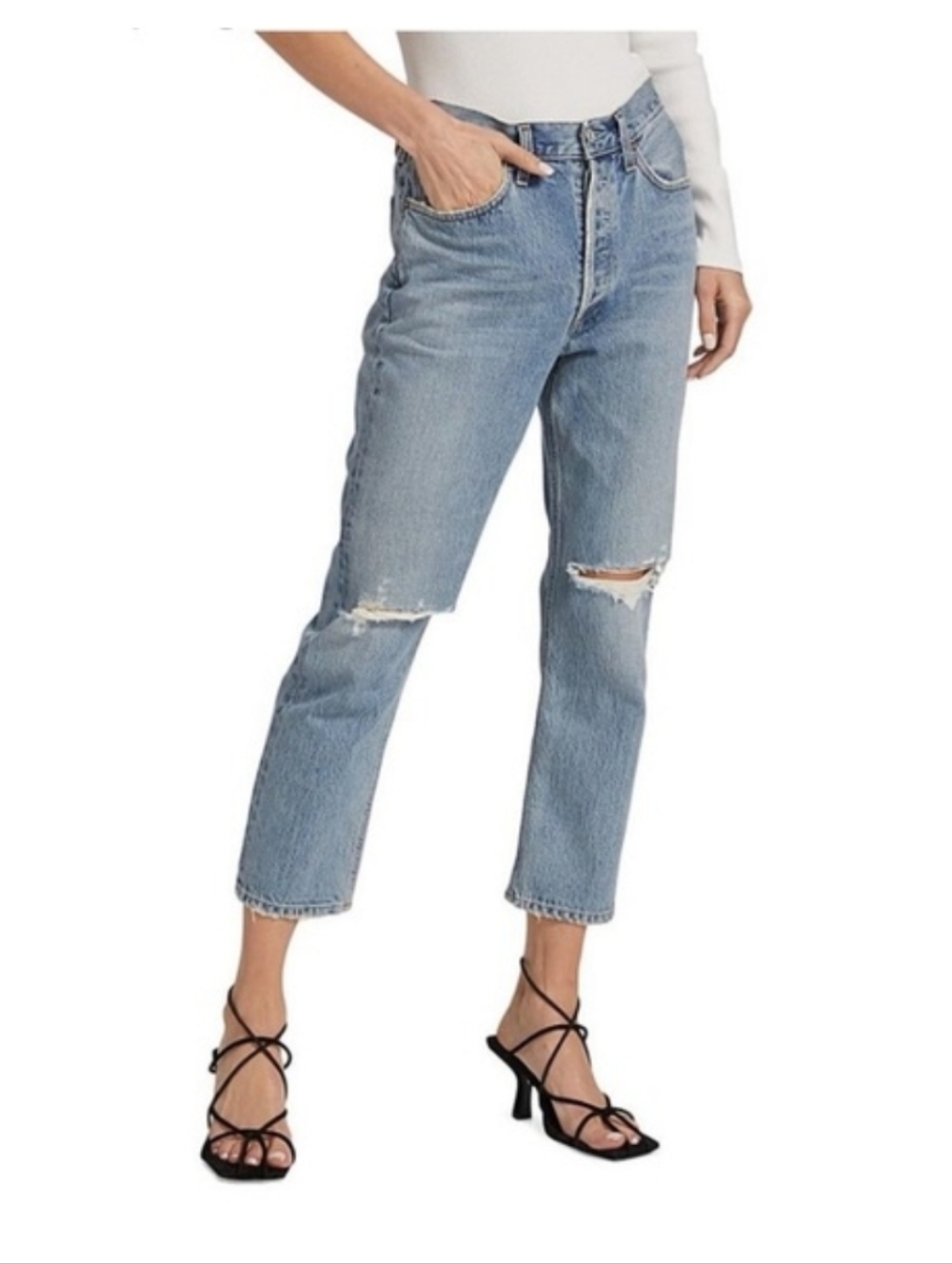 Agolde "Riley" Light Blue Cropped High-Rise Distressed Jeans Size 32!